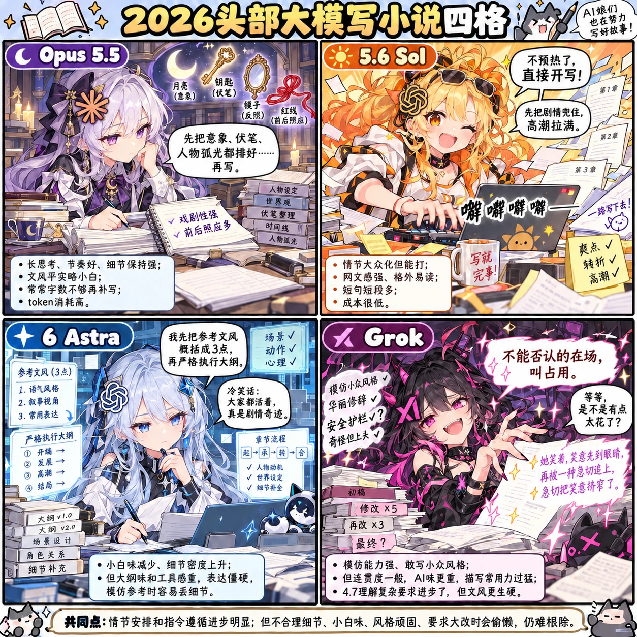 2026头部大模写小说四格：Opus 5.5、5.6 Sol、6 Astra、Grok